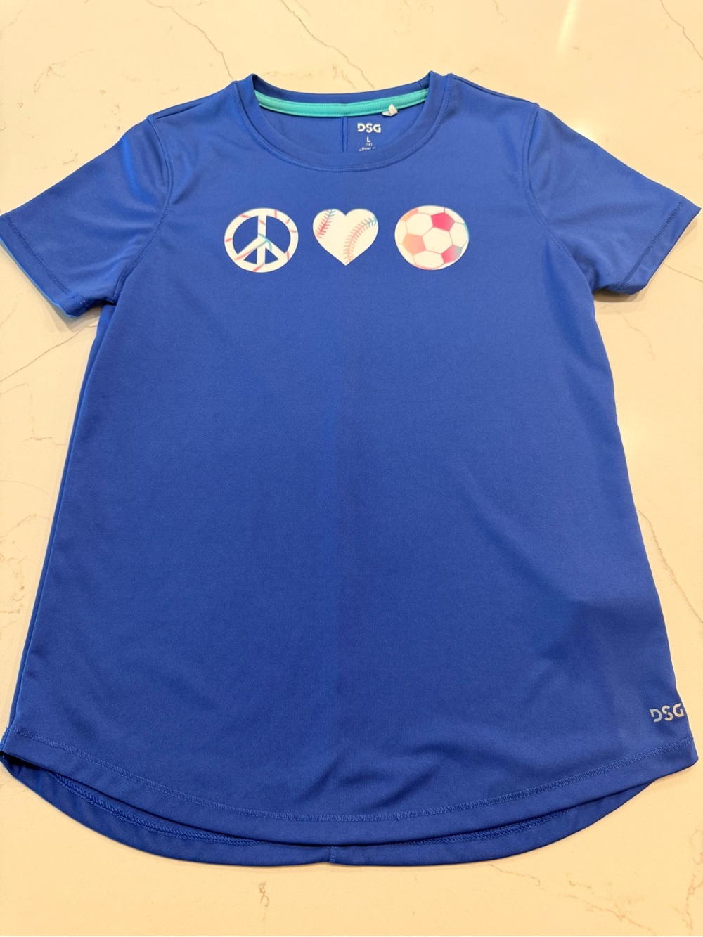 DSG Blue Short Sleeve Tee with Peace, Heart & Soccer Icons